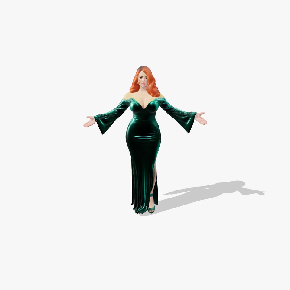 Elegant Redhead Woman in Green Gown D Character Model